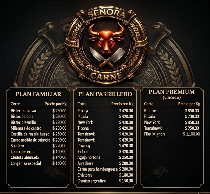 Senora Carne restaurant menu with logo featuring a bull head, displaying three pricing plans: Familiar, Parrillero, and Premium with various meat cuts and prices