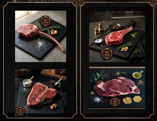 Collection of raw steaks on black slate boards with herbs, spices, and garnishes arranged for culinary presentation