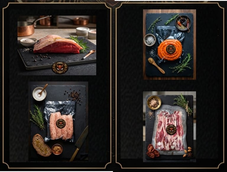 Flat lay food photography collage showcasing premium raw meats and cooking ingredients on dark backgrounds with styling elements