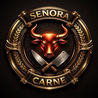 Golden emblem featuring a red bull head with crossed butcher knives, ornate circular frame, and text reading Senora Carne