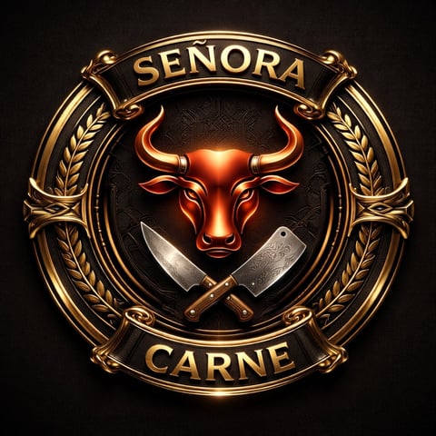 Golden emblem featuring a red bull head with crossed butcher knives, ornate circular frame, and text reading Senora Carne