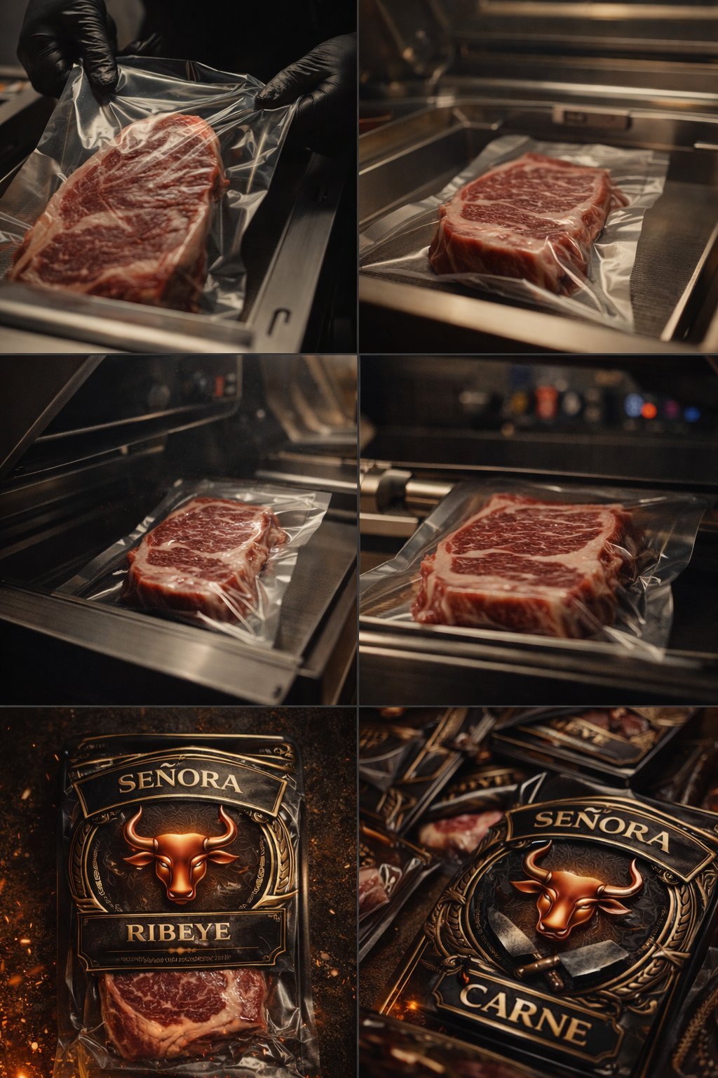 Collage showing sous vide steak preparation steps and Senora Ribeye and Carne premium beef packaging with branded labels